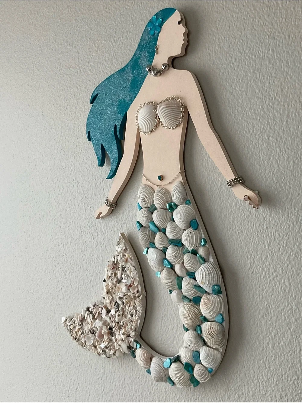 Handcrafted Mermaid Shell Wall Decor in Teal and Cream